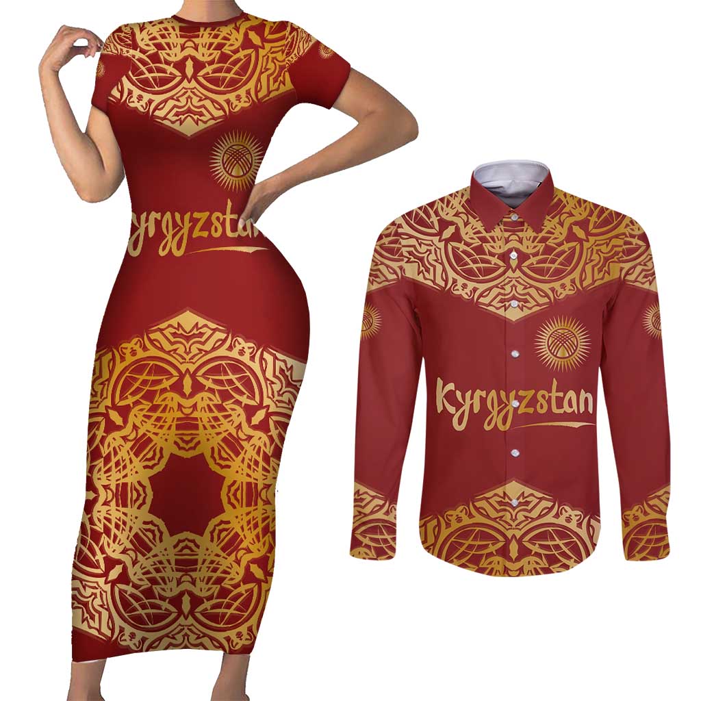 Kyrgyzstan National Symbol Couples Matching Short Sleeve Bodycon Dress and Long Sleeve Button Shirt Traditional Golden Pattern in Red and Gold