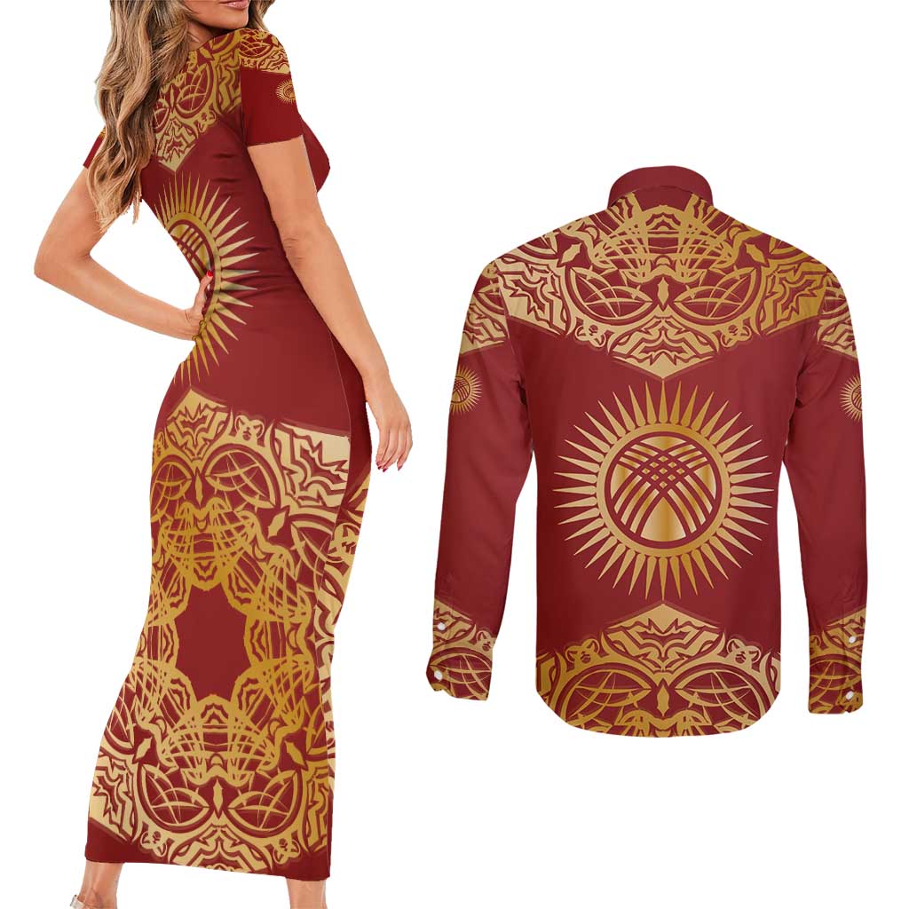 Kyrgyzstan National Symbol Couples Matching Short Sleeve Bodycon Dress and Long Sleeve Button Shirt Traditional Golden Pattern in Red and Gold
