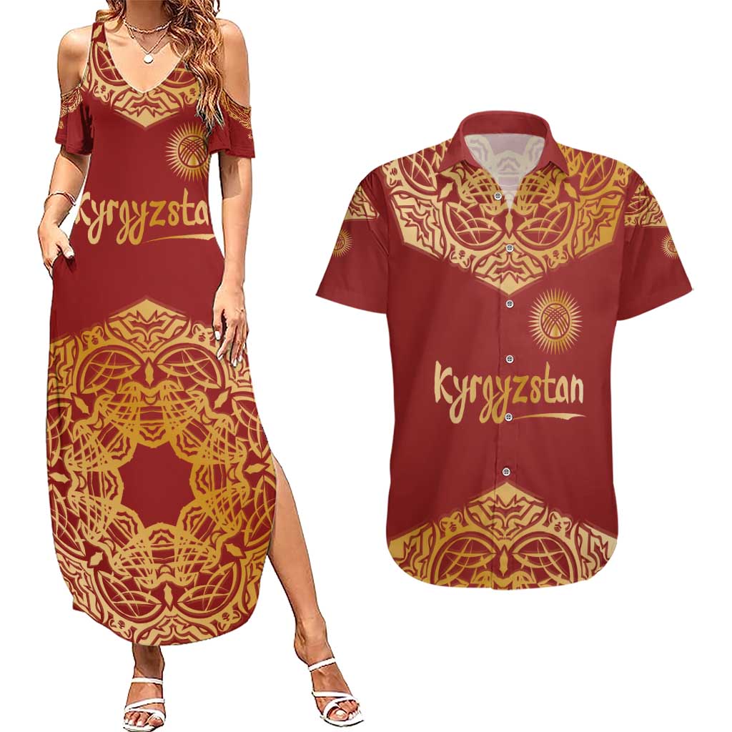 Kyrgyzstan National Symbol Couples Matching Summer Maxi Dress and Hawaiian Shirt Traditional Golden Pattern in Red and Gold