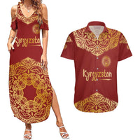 Kyrgyzstan National Symbol Couples Matching Summer Maxi Dress and Hawaiian Shirt Traditional Golden Pattern in Red and Gold