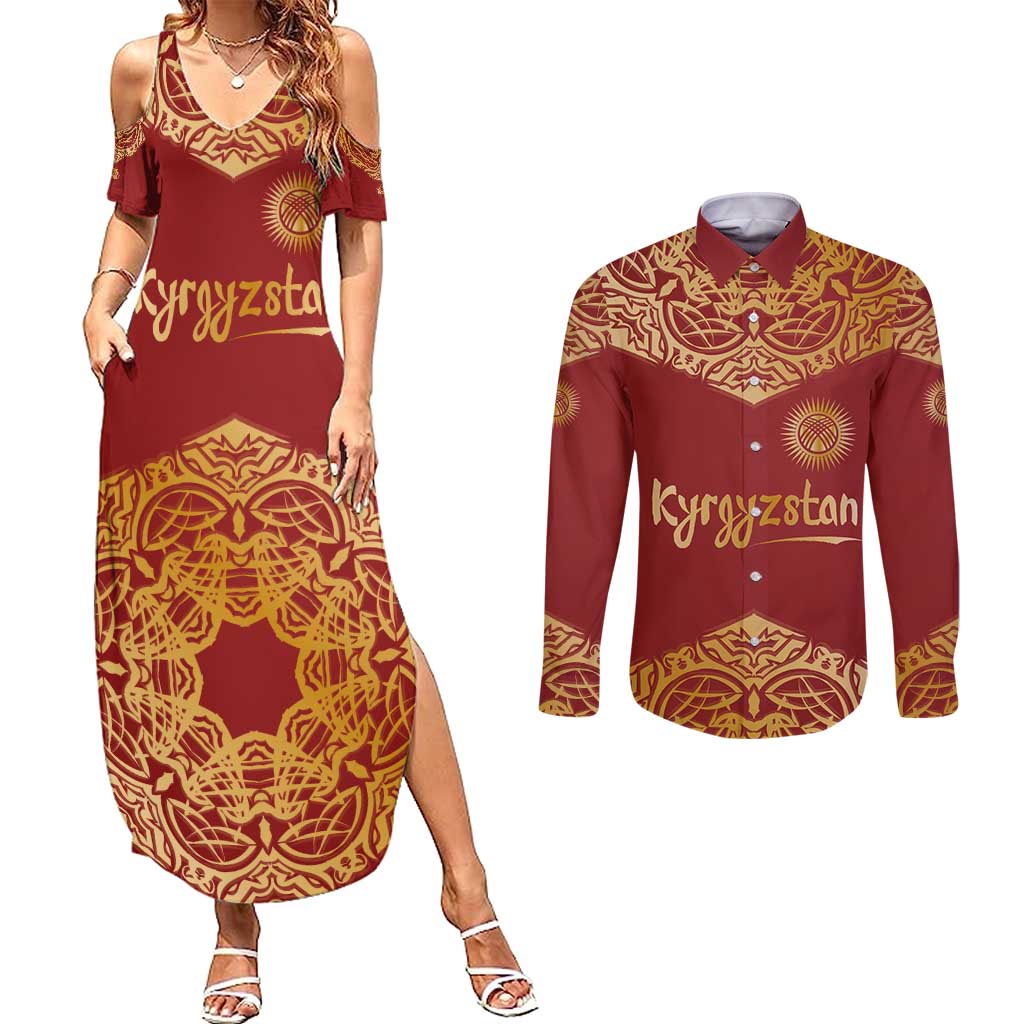 Kyrgyzstan National Symbol Couples Matching Summer Maxi Dress and Long Sleeve Button Shirt Traditional Golden Pattern in Red and Gold