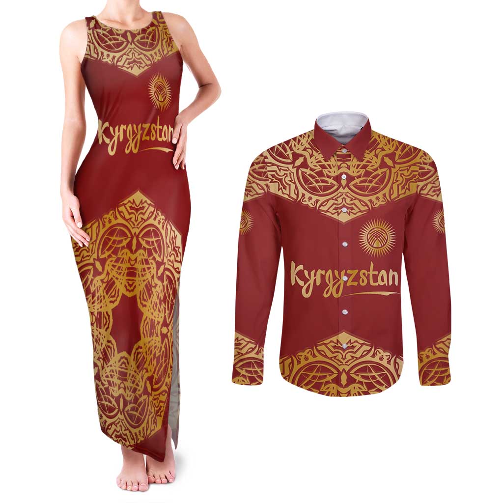 Kyrgyzstan National Symbol Couples Matching Tank Maxi Dress and Long Sleeve Button Shirt Traditional Golden Pattern in Red and Gold