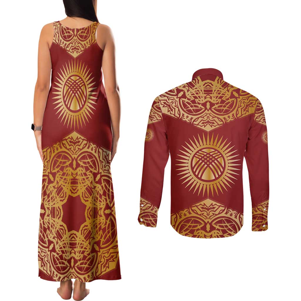 Kyrgyzstan National Symbol Couples Matching Tank Maxi Dress and Long Sleeve Button Shirt Traditional Golden Pattern in Red and Gold