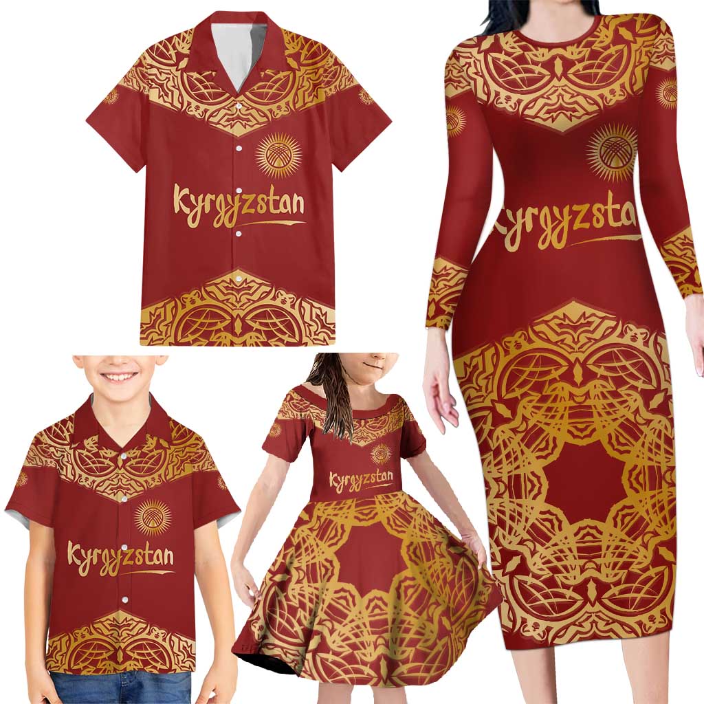 Kyrgyzstan National Symbol Family Matching Long Sleeve Bodycon Dress and Hawaiian Shirt Traditional Golden Pattern in Red and Gold