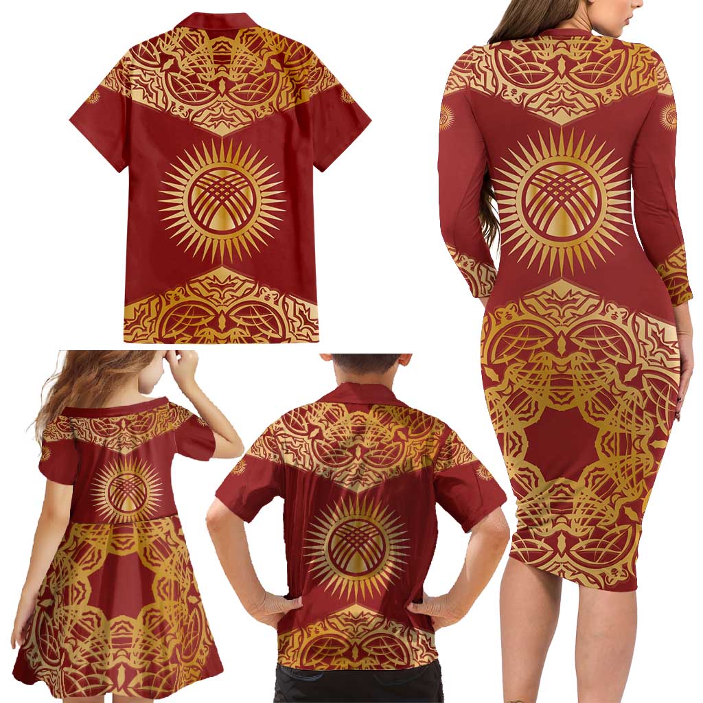 Kyrgyzstan National Symbol Family Matching Long Sleeve Bodycon Dress and Hawaiian Shirt Traditional Golden Pattern in Red and Gold