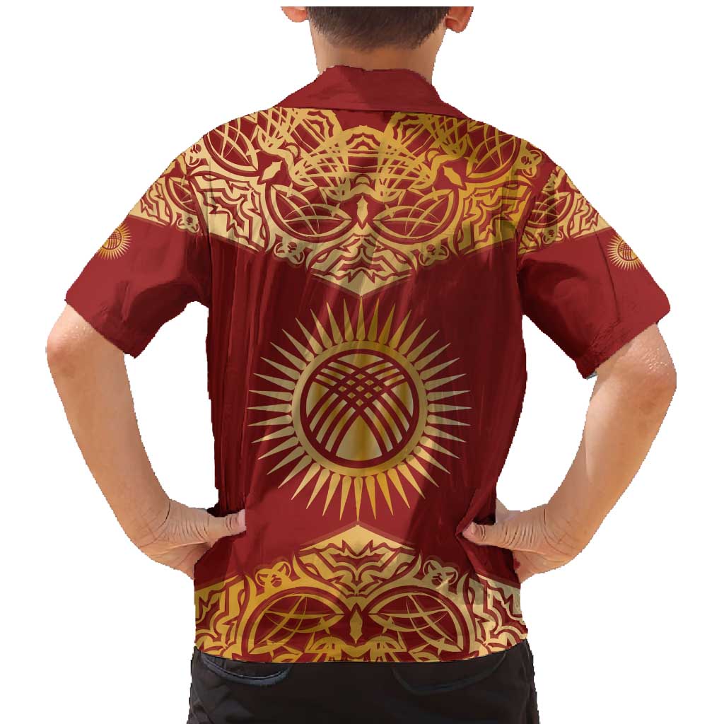 Kyrgyzstan National Symbol Family Matching Mermaid Dress and Hawaiian Shirt Traditional Golden Pattern in Red and Gold