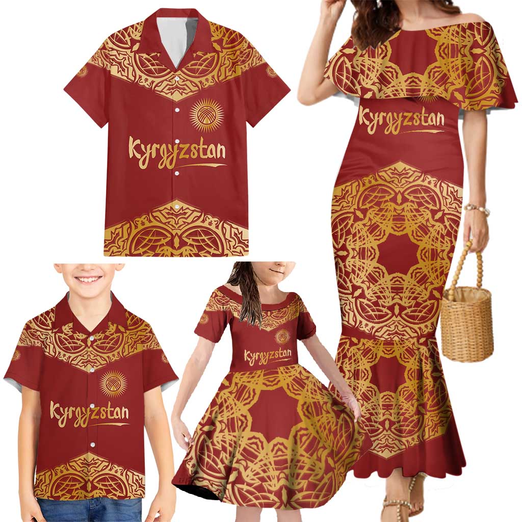 Kyrgyzstan National Symbol Family Matching Mermaid Dress and Hawaiian Shirt Traditional Golden Pattern in Red and Gold
