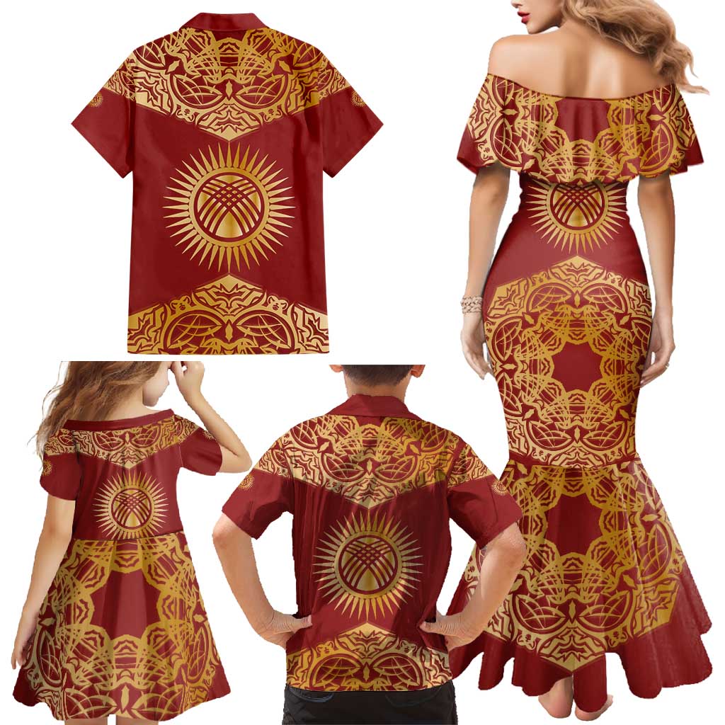 Kyrgyzstan National Symbol Family Matching Mermaid Dress and Hawaiian Shirt Traditional Golden Pattern in Red and Gold