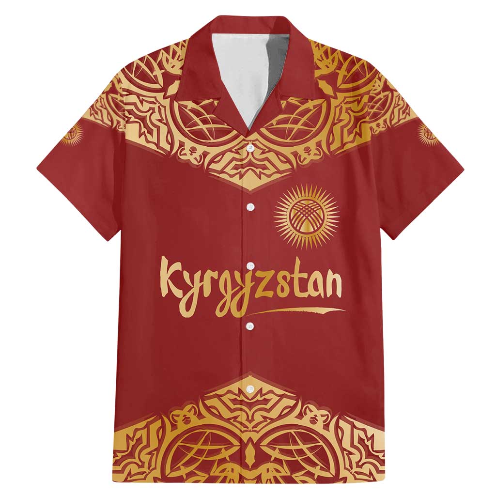 Kyrgyzstan National Symbol Family Matching Mermaid Dress and Hawaiian Shirt Traditional Golden Pattern in Red and Gold