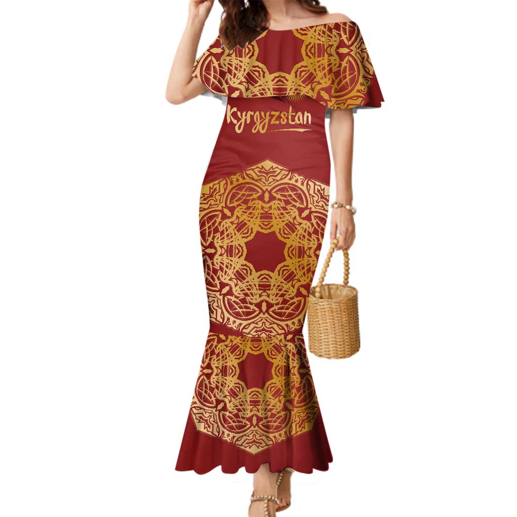 Kyrgyzstan National Symbol Family Matching Mermaid Dress and Hawaiian Shirt Traditional Golden Pattern in Red and Gold