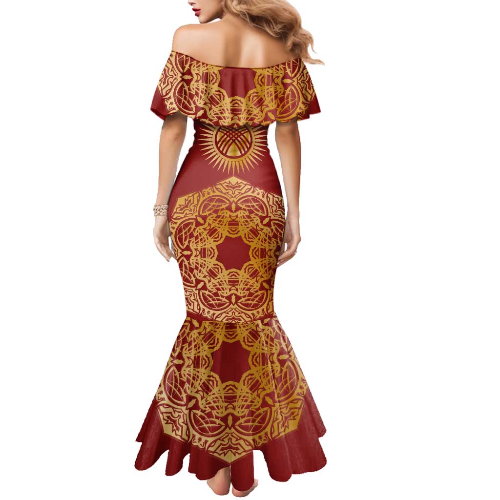 Kyrgyzstan National Symbol Family Matching Mermaid Dress and Hawaiian Shirt Traditional Golden Pattern in Red and Gold