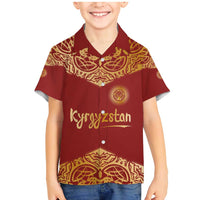 Kyrgyzstan National Symbol Family Matching Mermaid Dress and Hawaiian Shirt Traditional Golden Pattern in Red and Gold