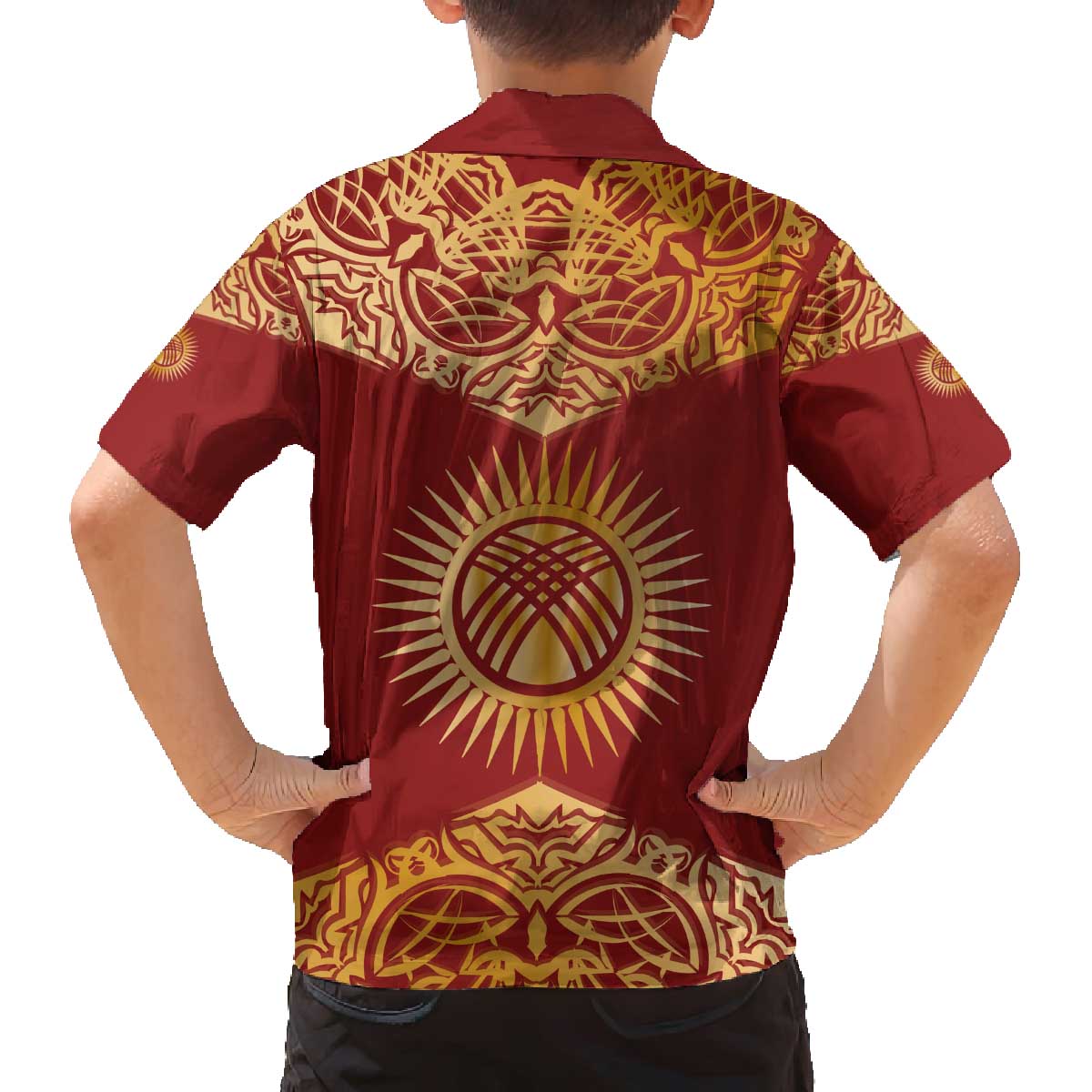 Kyrgyzstan National Symbol Family Matching Off The Shoulder Long Sleeve Dress and Hawaiian Shirt Traditional Golden Pattern in Red and Gold