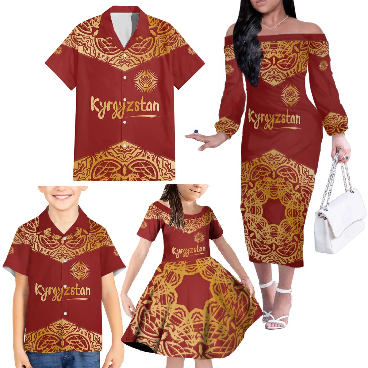 Kyrgyzstan National Symbol Family Matching Off The Shoulder Long Sleeve Dress and Hawaiian Shirt Traditional Golden Pattern in Red and Gold
