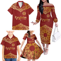 Kyrgyzstan National Symbol Family Matching Off The Shoulder Long Sleeve Dress and Hawaiian Shirt Traditional Golden Pattern in Red and Gold