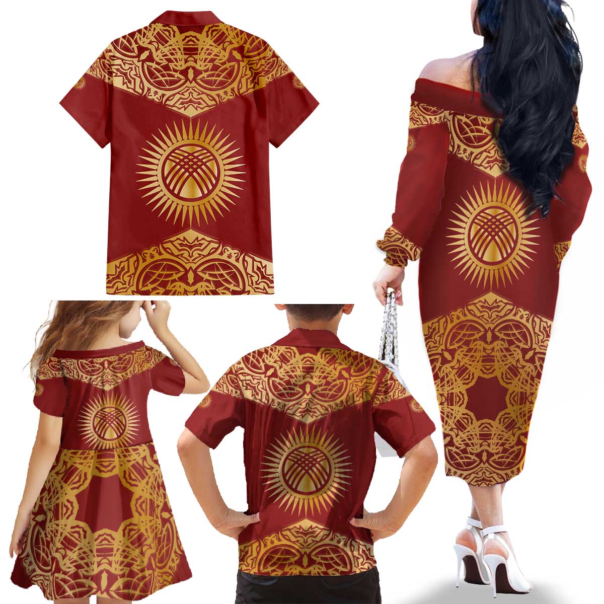 Kyrgyzstan National Symbol Family Matching Off The Shoulder Long Sleeve Dress and Hawaiian Shirt Traditional Golden Pattern in Red and Gold