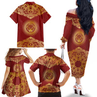 Kyrgyzstan National Symbol Family Matching Off The Shoulder Long Sleeve Dress and Hawaiian Shirt Traditional Golden Pattern in Red and Gold