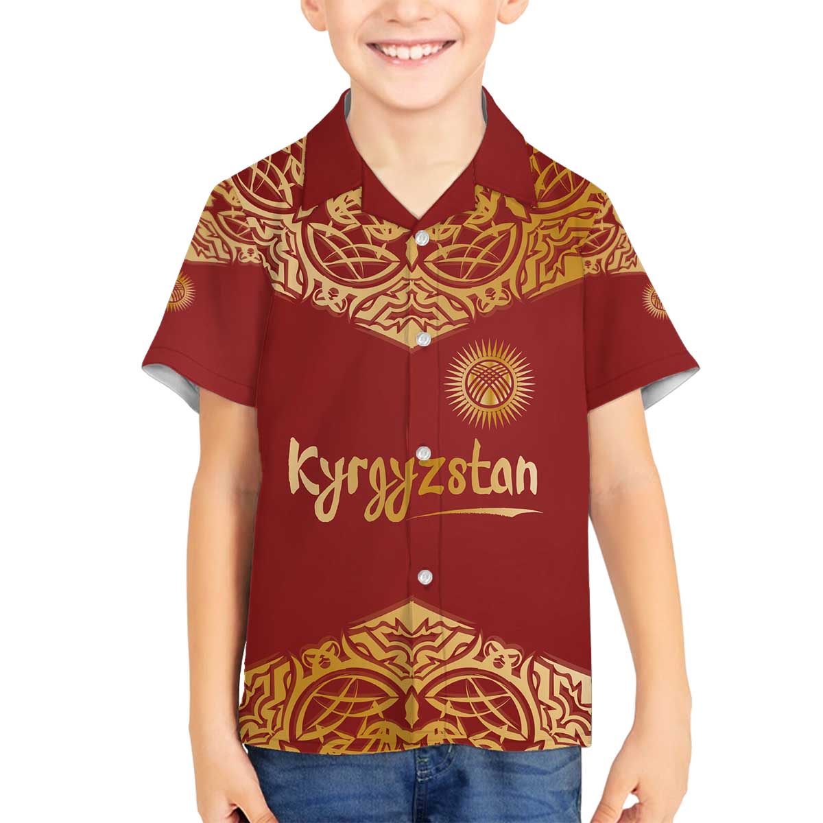 Kyrgyzstan National Symbol Family Matching Off The Shoulder Long Sleeve Dress and Hawaiian Shirt Traditional Golden Pattern in Red and Gold