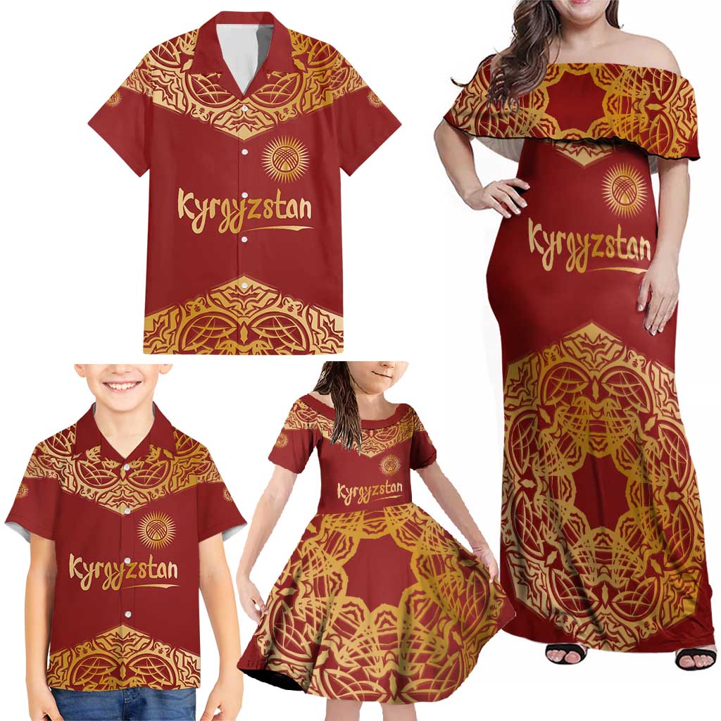 Kyrgyzstan National Symbol Family Matching Off Shoulder Maxi Dress and Hawaiian Shirt Traditional Golden Pattern in Red and Gold