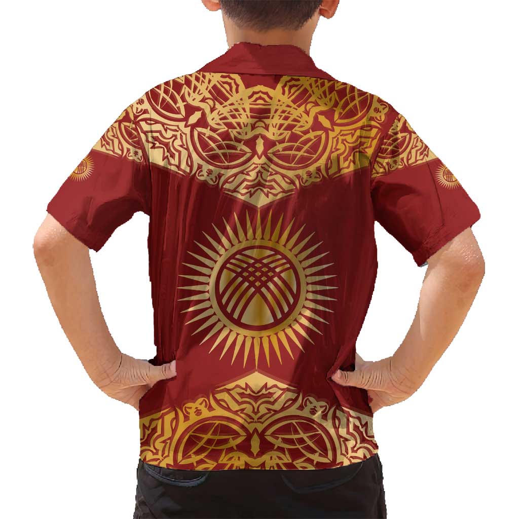 Kyrgyzstan National Symbol Family Matching Off Shoulder Short Dress and Hawaiian Shirt Traditional Golden Pattern in Red and Gold