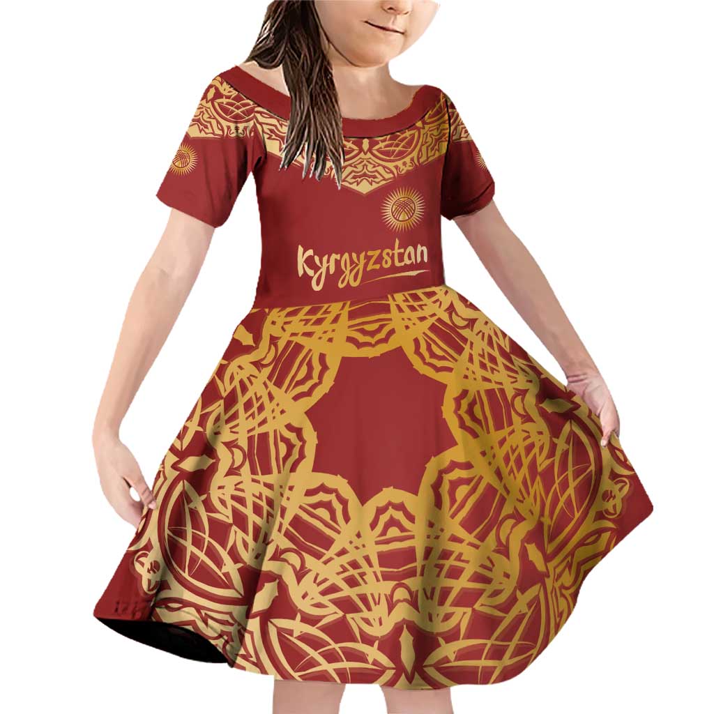 Kyrgyzstan National Symbol Family Matching Off Shoulder Short Dress and Hawaiian Shirt Traditional Golden Pattern in Red and Gold