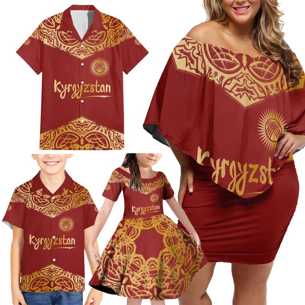 Kyrgyzstan National Symbol Family Matching Off Shoulder Short Dress and Hawaiian Shirt Traditional Golden Pattern in Red and Gold