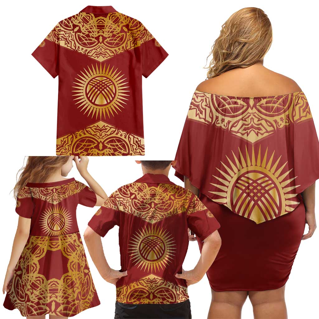 Kyrgyzstan National Symbol Family Matching Off Shoulder Short Dress and Hawaiian Shirt Traditional Golden Pattern in Red and Gold
