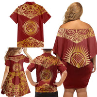 Kyrgyzstan National Symbol Family Matching Off Shoulder Short Dress and Hawaiian Shirt Traditional Golden Pattern in Red and Gold