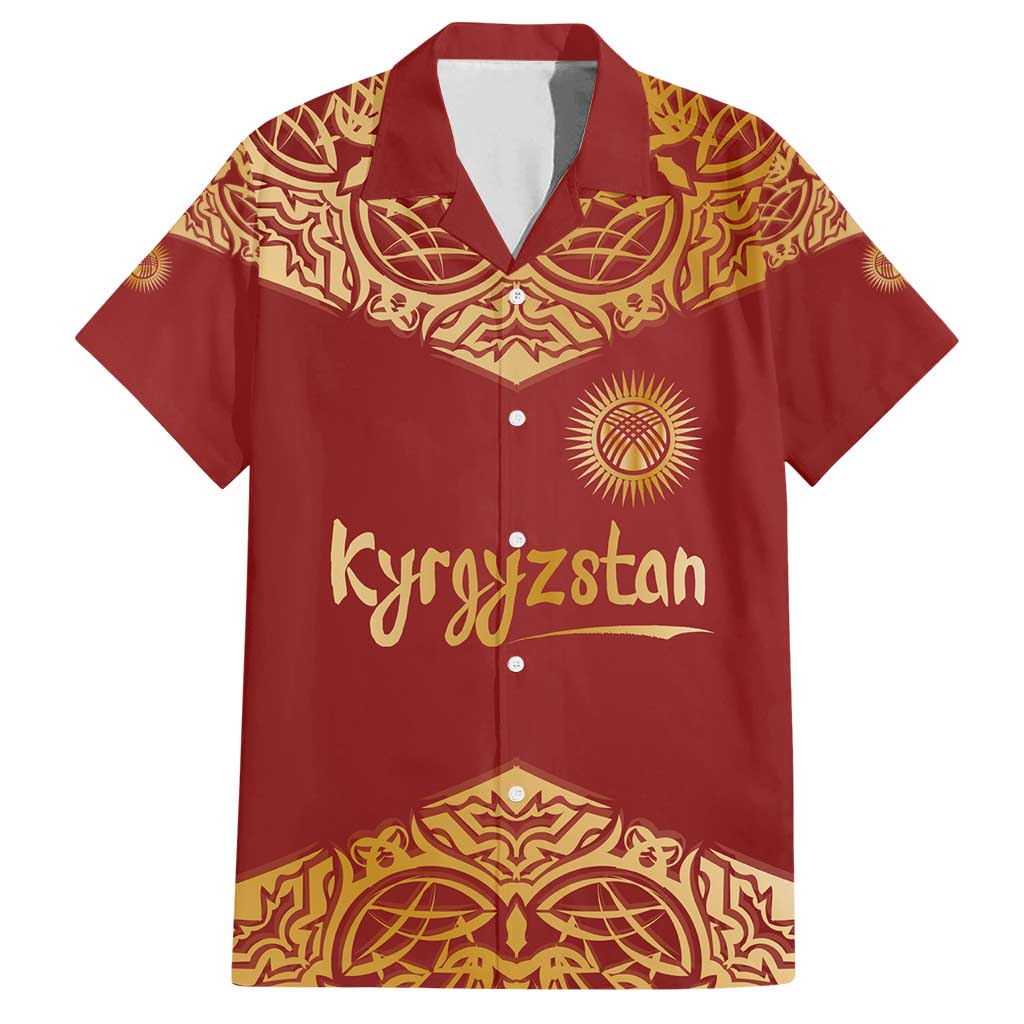 Kyrgyzstan National Symbol Family Matching Off Shoulder Short Dress and Hawaiian Shirt Traditional Golden Pattern in Red and Gold