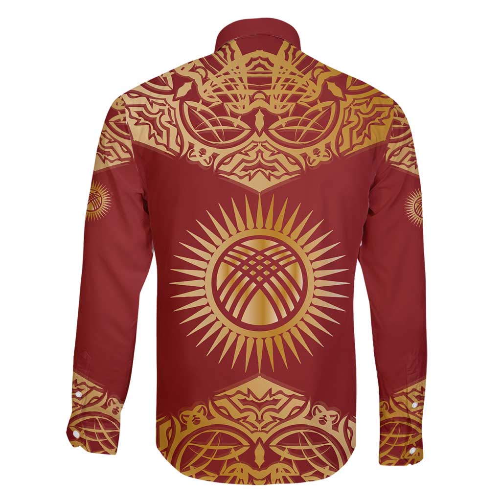 Kyrgyzstan National Symbol Family Matching Off Shoulder Short Dress and Hawaiian Shirt Traditional Golden Pattern in Red and Gold