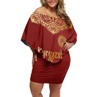 Kyrgyzstan National Symbol Family Matching Off Shoulder Short Dress and Hawaiian Shirt Traditional Golden Pattern in Red and Gold