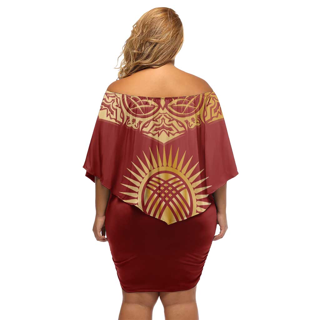 Kyrgyzstan National Symbol Family Matching Off Shoulder Short Dress and Hawaiian Shirt Traditional Golden Pattern in Red and Gold