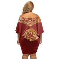 Kyrgyzstan National Symbol Family Matching Off Shoulder Short Dress and Hawaiian Shirt Traditional Golden Pattern in Red and Gold