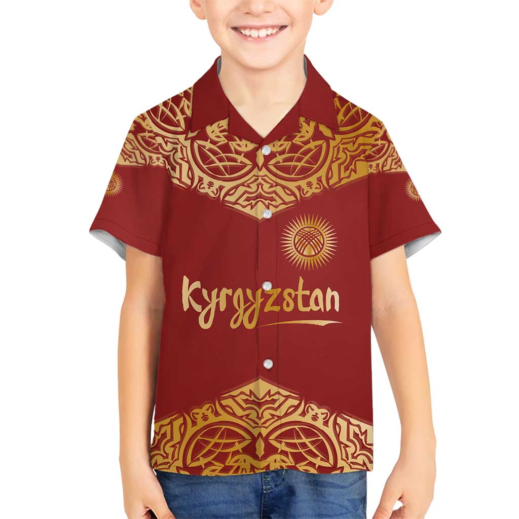 Kyrgyzstan National Symbol Family Matching Off Shoulder Short Dress and Hawaiian Shirt Traditional Golden Pattern in Red and Gold