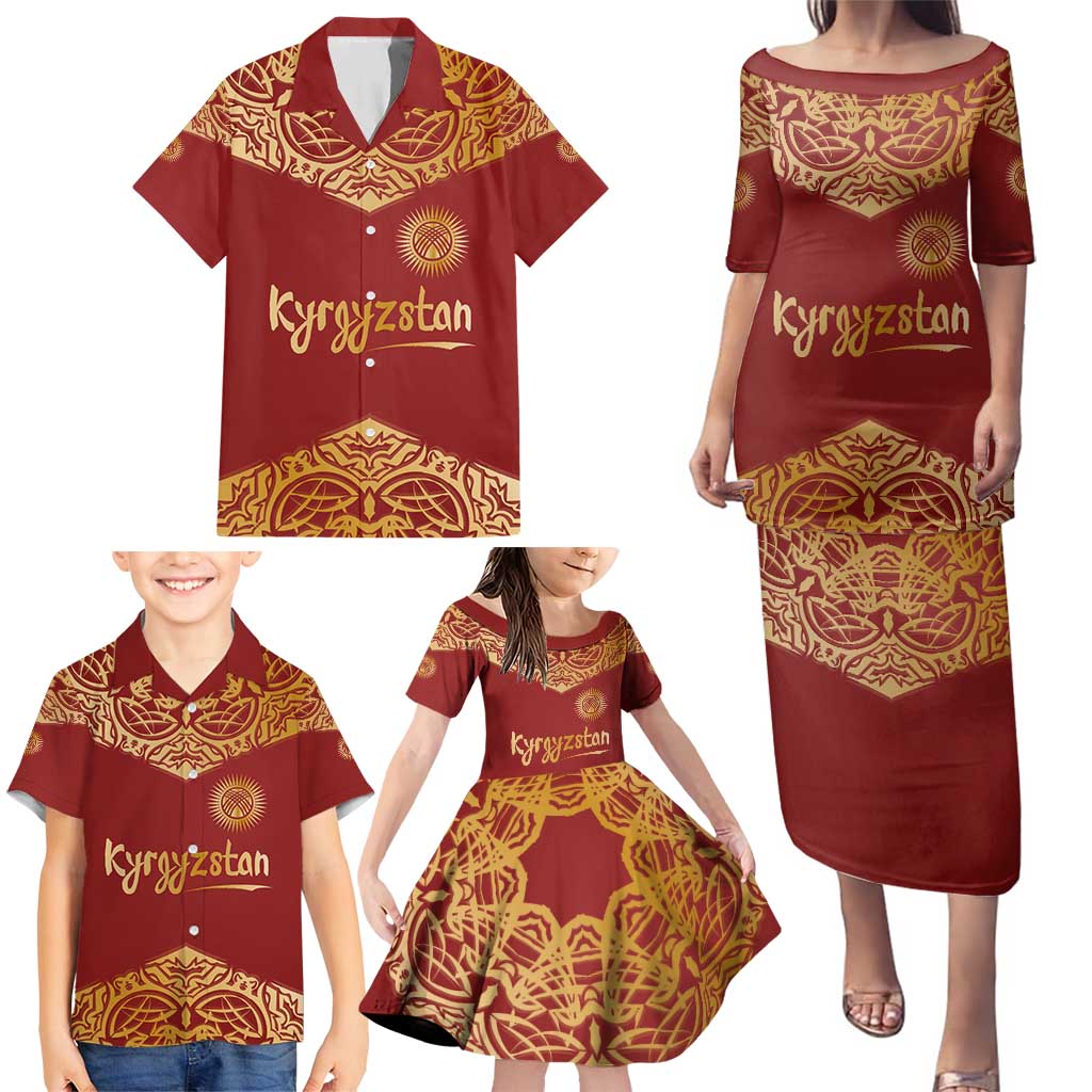 Kyrgyzstan National Symbol Family Matching Puletasi and Hawaiian Shirt Traditional Golden Pattern in Red and Gold