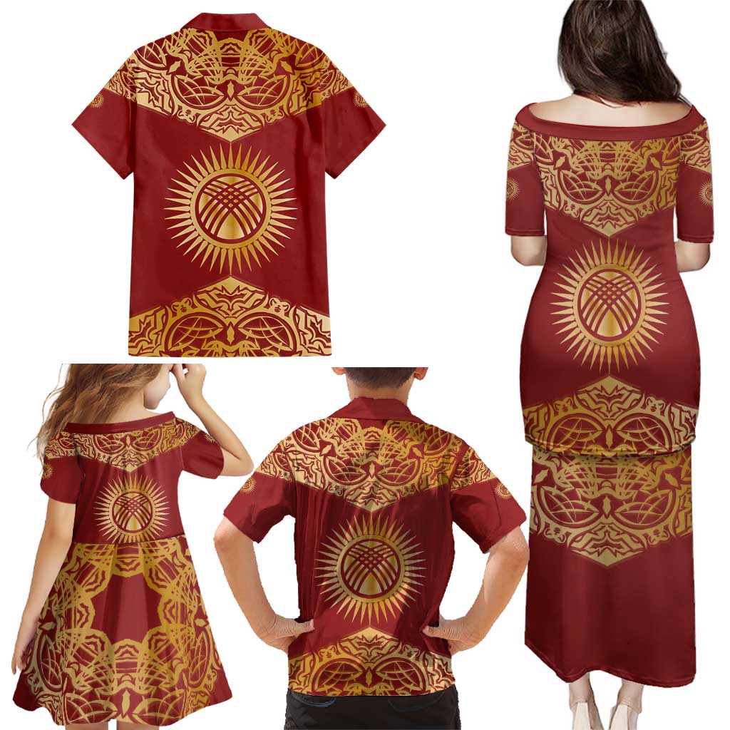 Kyrgyzstan National Symbol Family Matching Puletasi and Hawaiian Shirt Traditional Golden Pattern in Red and Gold