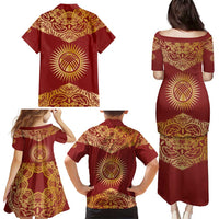 Kyrgyzstan National Symbol Family Matching Puletasi and Hawaiian Shirt Traditional Golden Pattern in Red and Gold