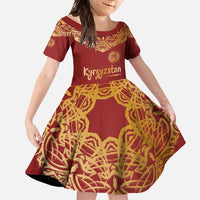 Kyrgyzstan National Symbol Family Matching Short Sleeve Bodycon Dress and Hawaiian Shirt Traditional Golden Pattern in Red and Gold