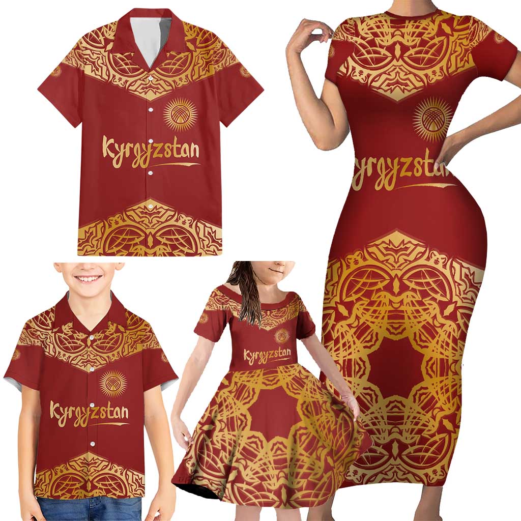 Kyrgyzstan National Symbol Family Matching Short Sleeve Bodycon Dress and Hawaiian Shirt Traditional Golden Pattern in Red and Gold