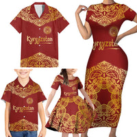 Kyrgyzstan National Symbol Family Matching Short Sleeve Bodycon Dress and Hawaiian Shirt Traditional Golden Pattern in Red and Gold
