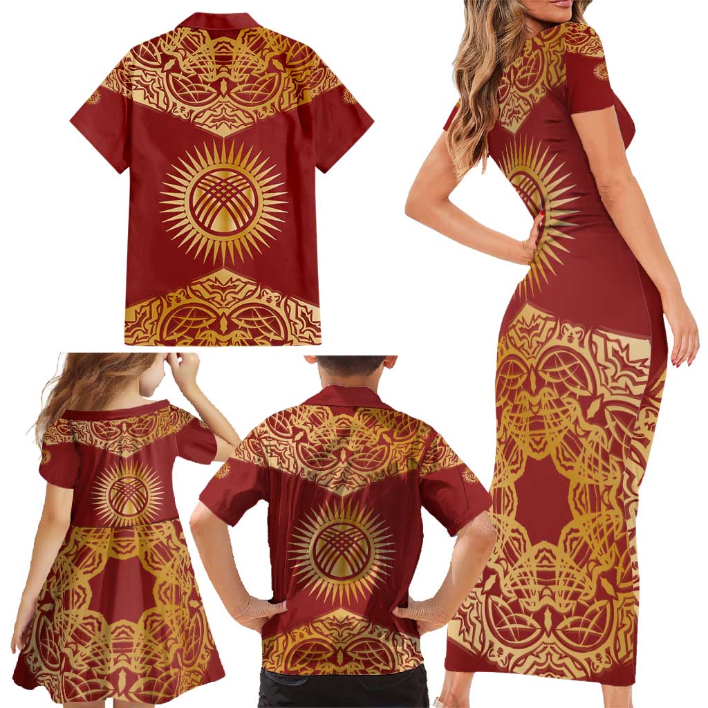 Kyrgyzstan National Symbol Family Matching Short Sleeve Bodycon Dress and Hawaiian Shirt Traditional Golden Pattern in Red and Gold