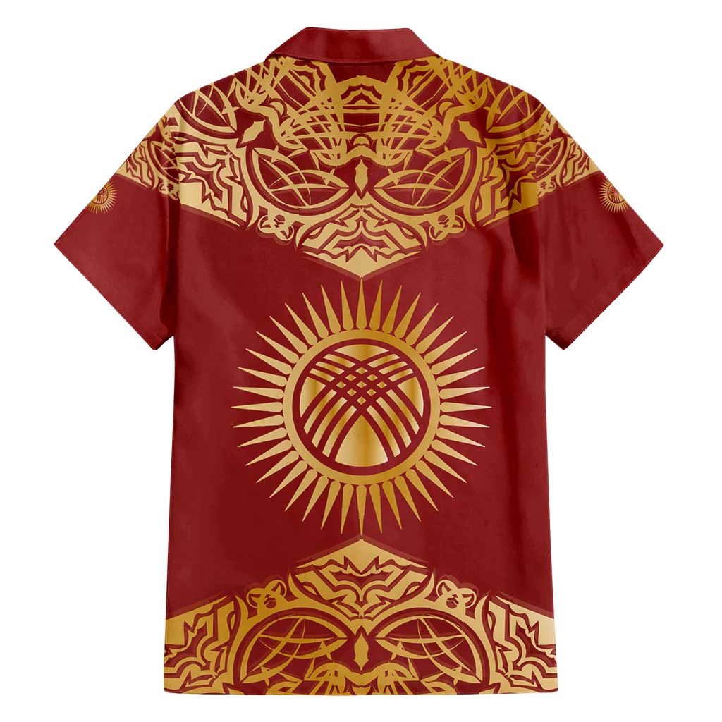 Kyrgyzstan National Symbol Family Matching Short Sleeve Bodycon Dress and Hawaiian Shirt Traditional Golden Pattern in Red and Gold