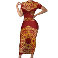 Kyrgyzstan National Symbol Family Matching Short Sleeve Bodycon Dress and Hawaiian Shirt Traditional Golden Pattern in Red and Gold