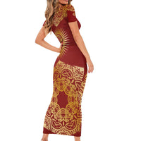 Kyrgyzstan National Symbol Family Matching Short Sleeve Bodycon Dress and Hawaiian Shirt Traditional Golden Pattern in Red and Gold