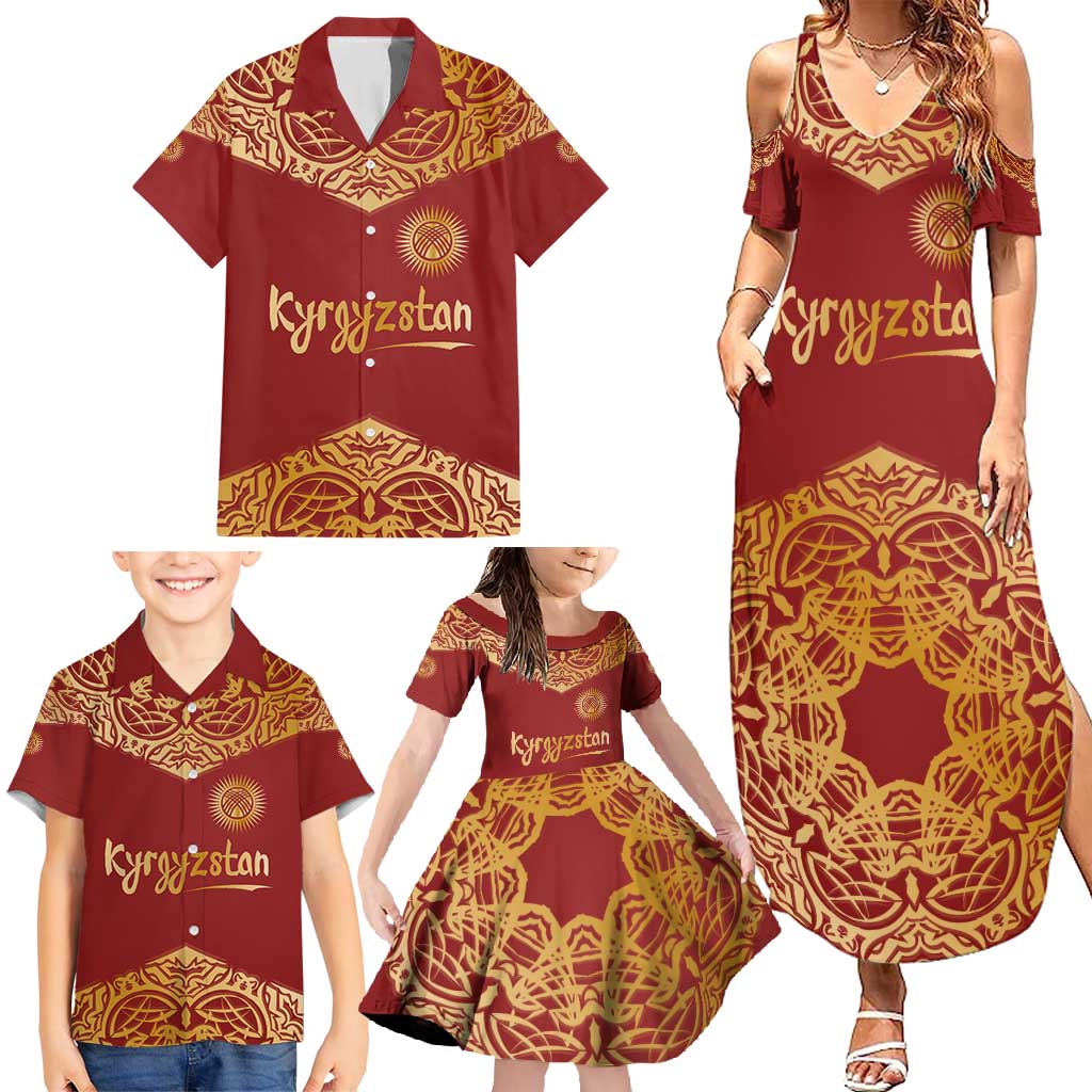 Kyrgyzstan National Symbol Family Matching Summer Maxi Dress and Hawaiian Shirt Traditional Golden Pattern in Red and Gold