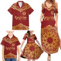 Kyrgyzstan National Symbol Family Matching Summer Maxi Dress and Hawaiian Shirt Traditional Golden Pattern in Red and Gold