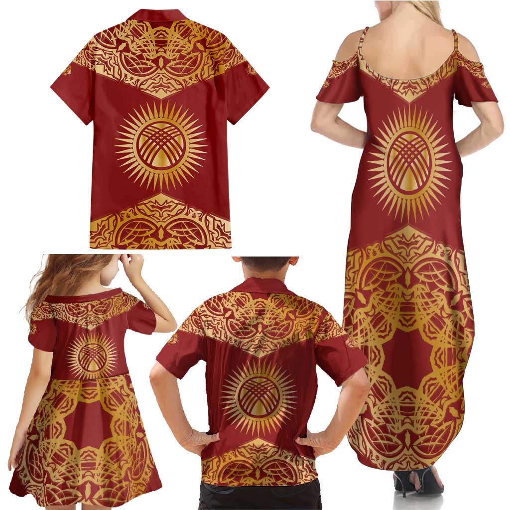 Kyrgyzstan National Symbol Family Matching Summer Maxi Dress and Hawaiian Shirt Traditional Golden Pattern in Red and Gold