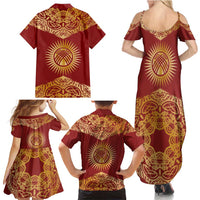 Kyrgyzstan National Symbol Family Matching Summer Maxi Dress and Hawaiian Shirt Traditional Golden Pattern in Red and Gold