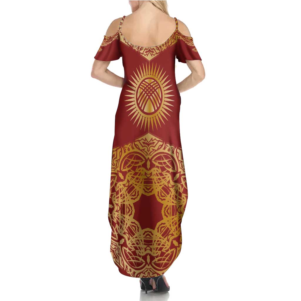 Kyrgyzstan National Symbol Family Matching Summer Maxi Dress and Hawaiian Shirt Traditional Golden Pattern in Red and Gold