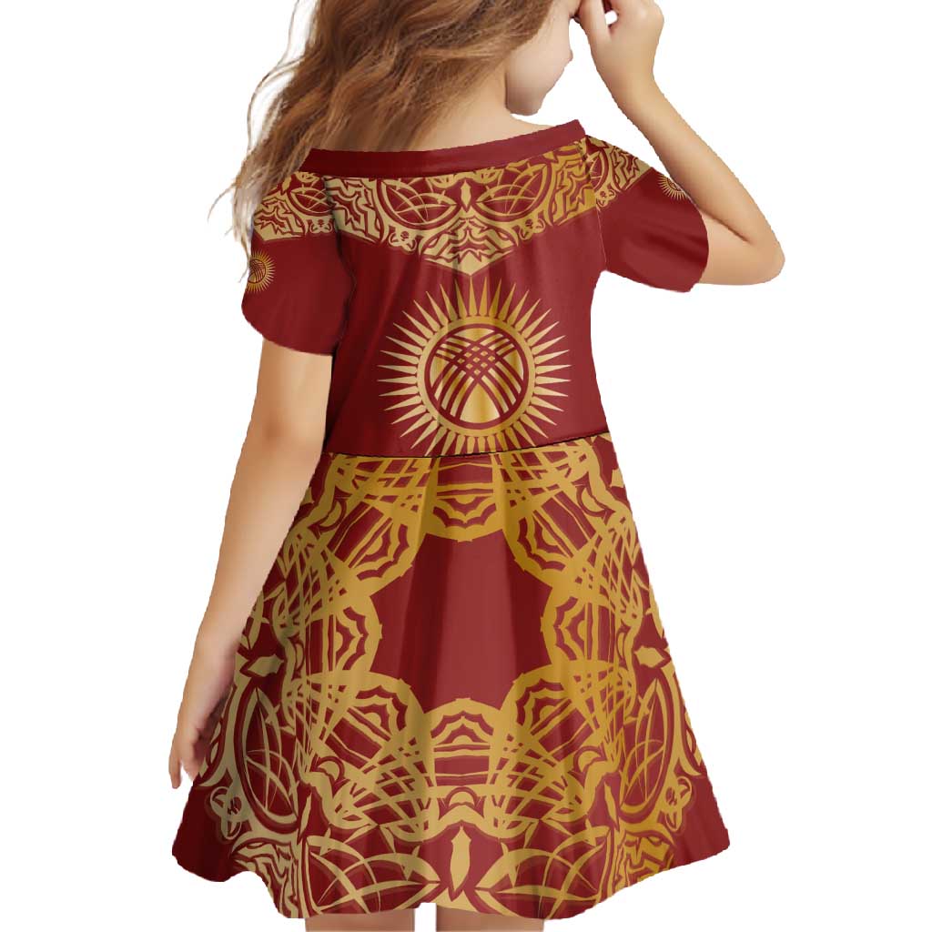 Kyrgyzstan National Symbol Family Matching Tank Maxi Dress and Hawaiian Shirt Traditional Golden Pattern in Red and Gold